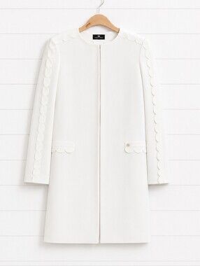 Elisabetta Franchi Off White Lined Collarless Scalloped Sleeve Crepe Coat 46(10)